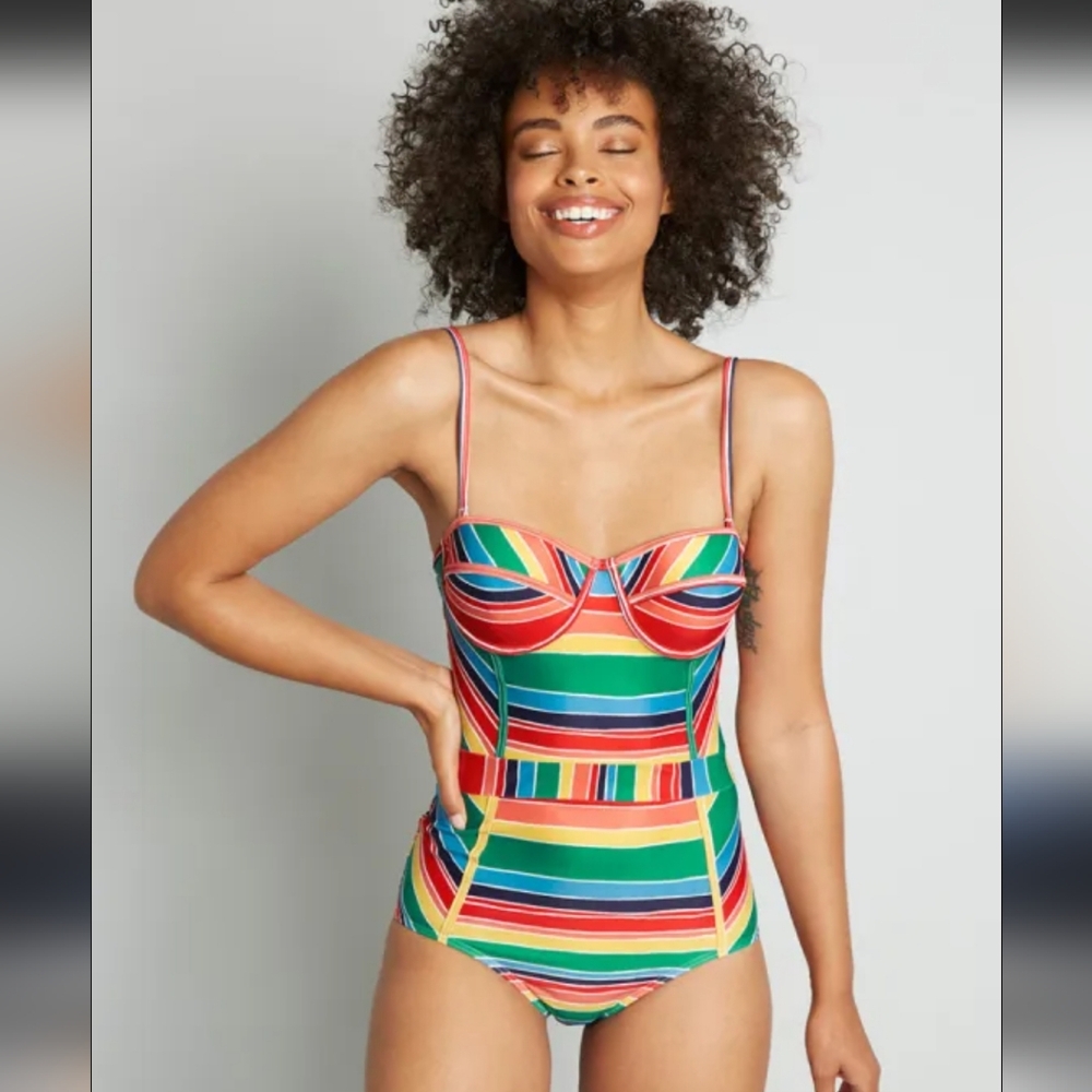 MODCLOTH Pippa One-Piece Retro Swimsuit, Bright colors, Flattering, 2X